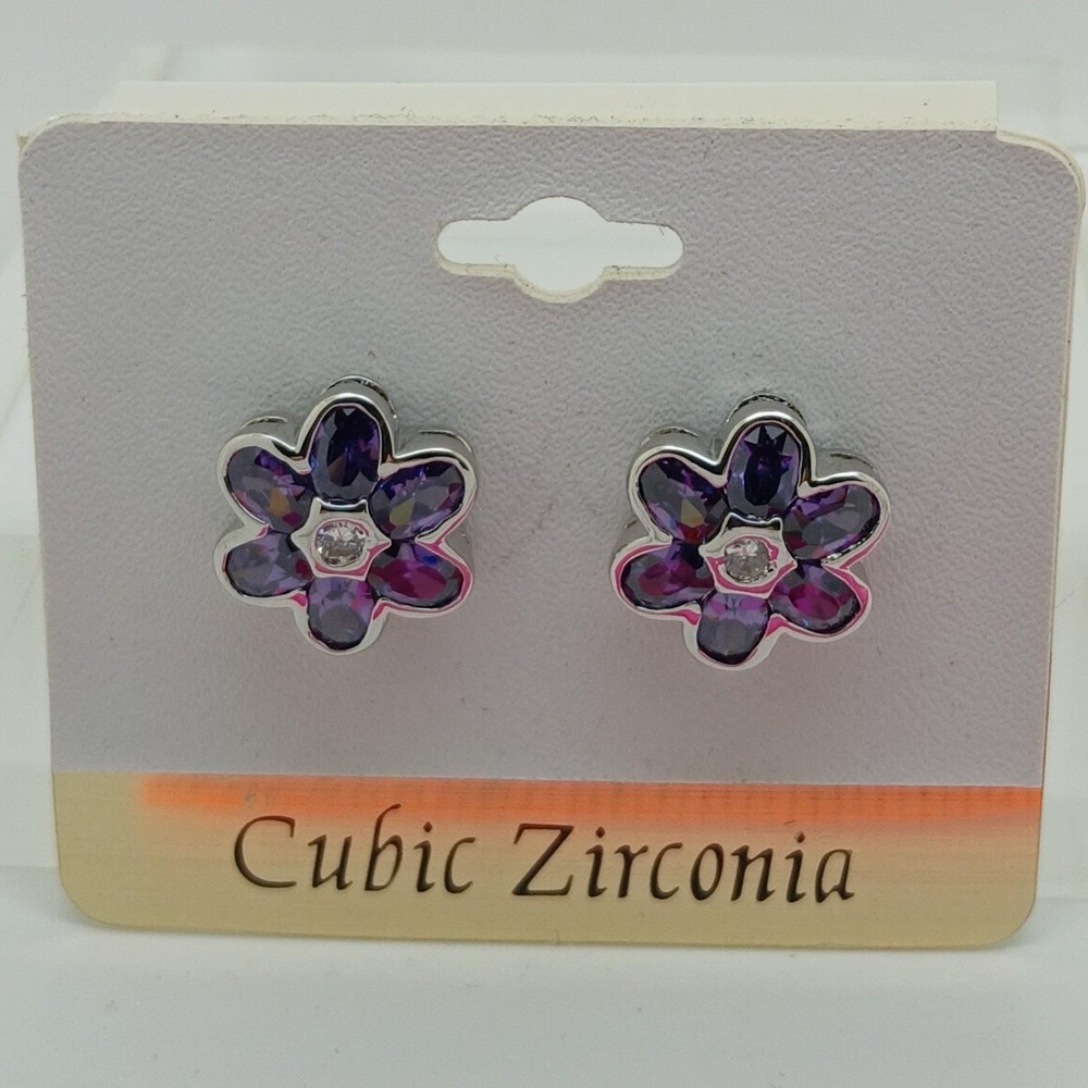 Vintage 1990s Purple Flower Stud Earrings Cubic Zirconia Silver Tone Sim Diamond - Picture 8 of 17